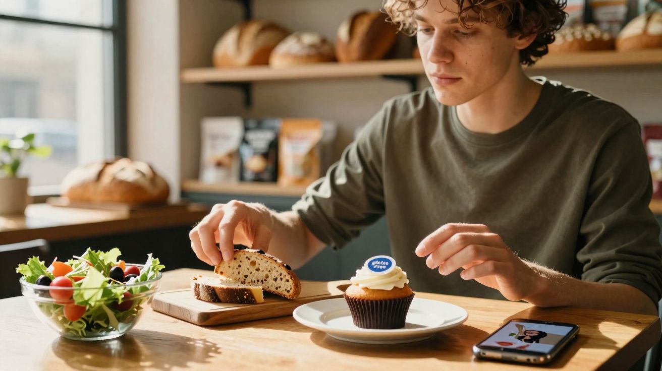 Jovem sentado à mesa com cupcake, pão e salada, próximo a janela iluminada e celular ligado.