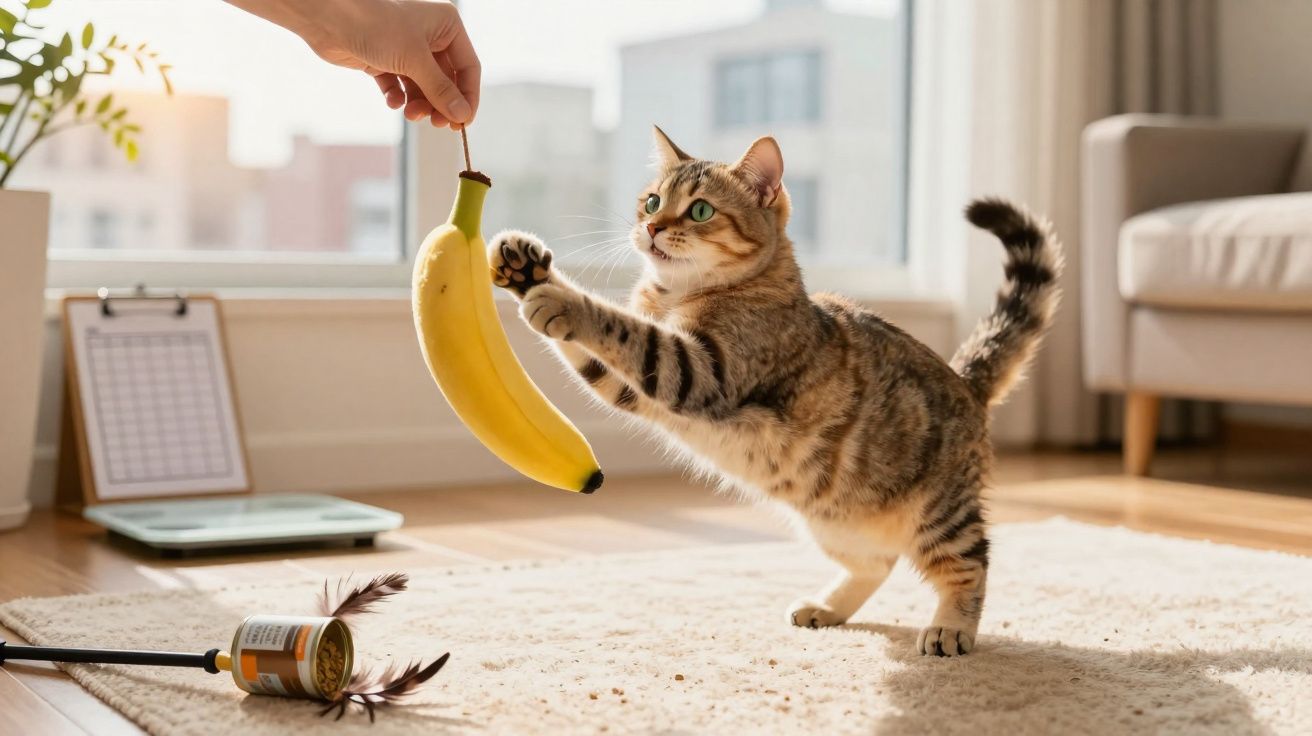 Gato tabby brincando com banana pendurada segurada por uma mão em sala iluminada.