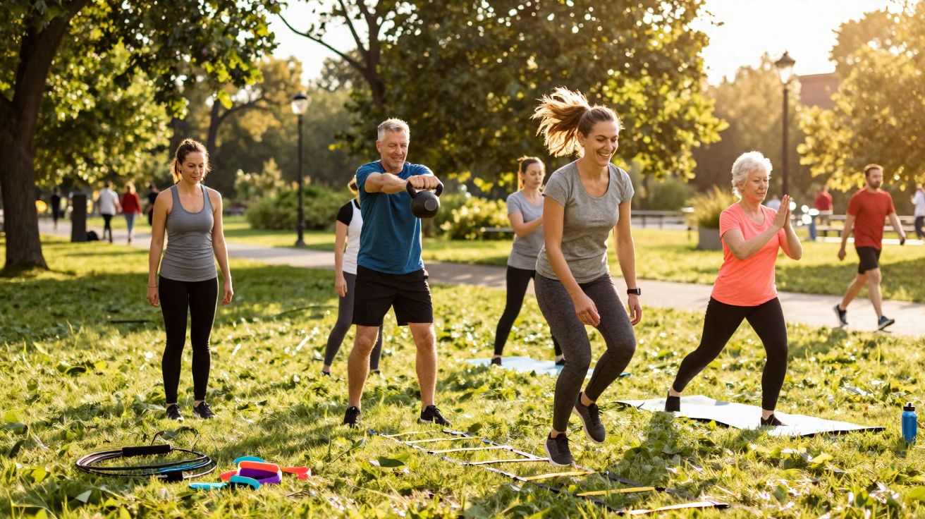 Grupo diversificado de pessoas fazendo exercícios físicos ao ar livre em parque ensolarado.