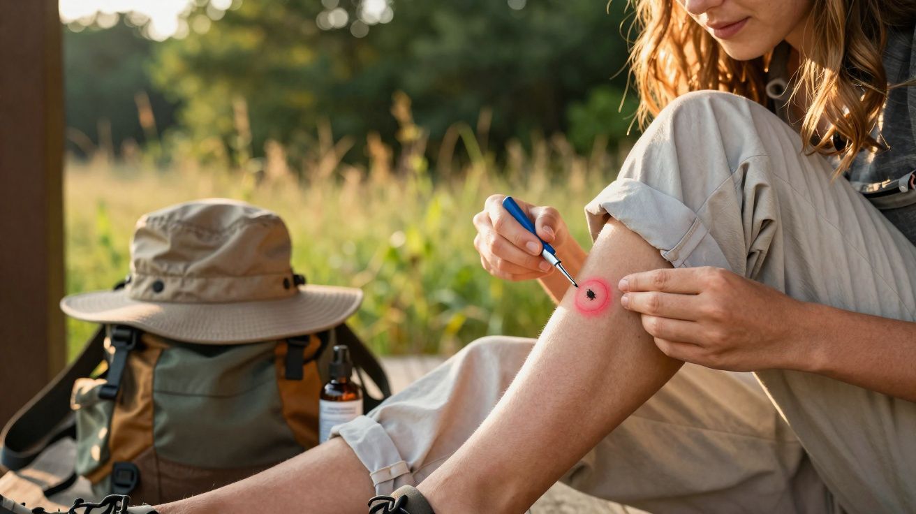 Pessoa aplicando medicamento com conta-gotas em picada de inseto na perna ao ar livre.