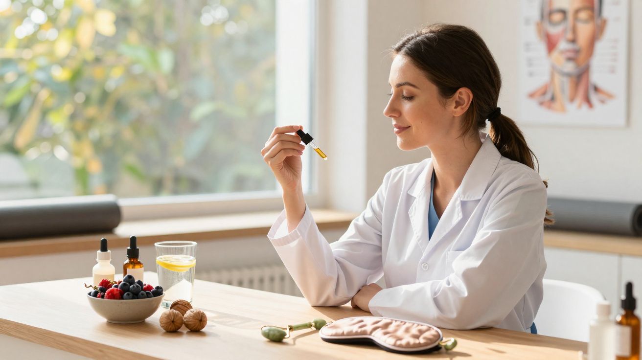Mulher com jaleco branco segurando conta-gotas com óleo, sentada à mesa com frutas, nozes e produtos de beleza.