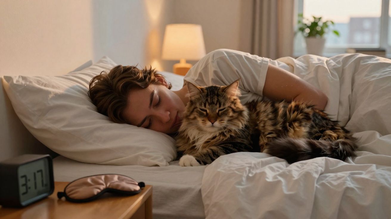 Pessoa dormindo na cama ao lado de gato peludo em ambiente aconchegante com abajur aceso.