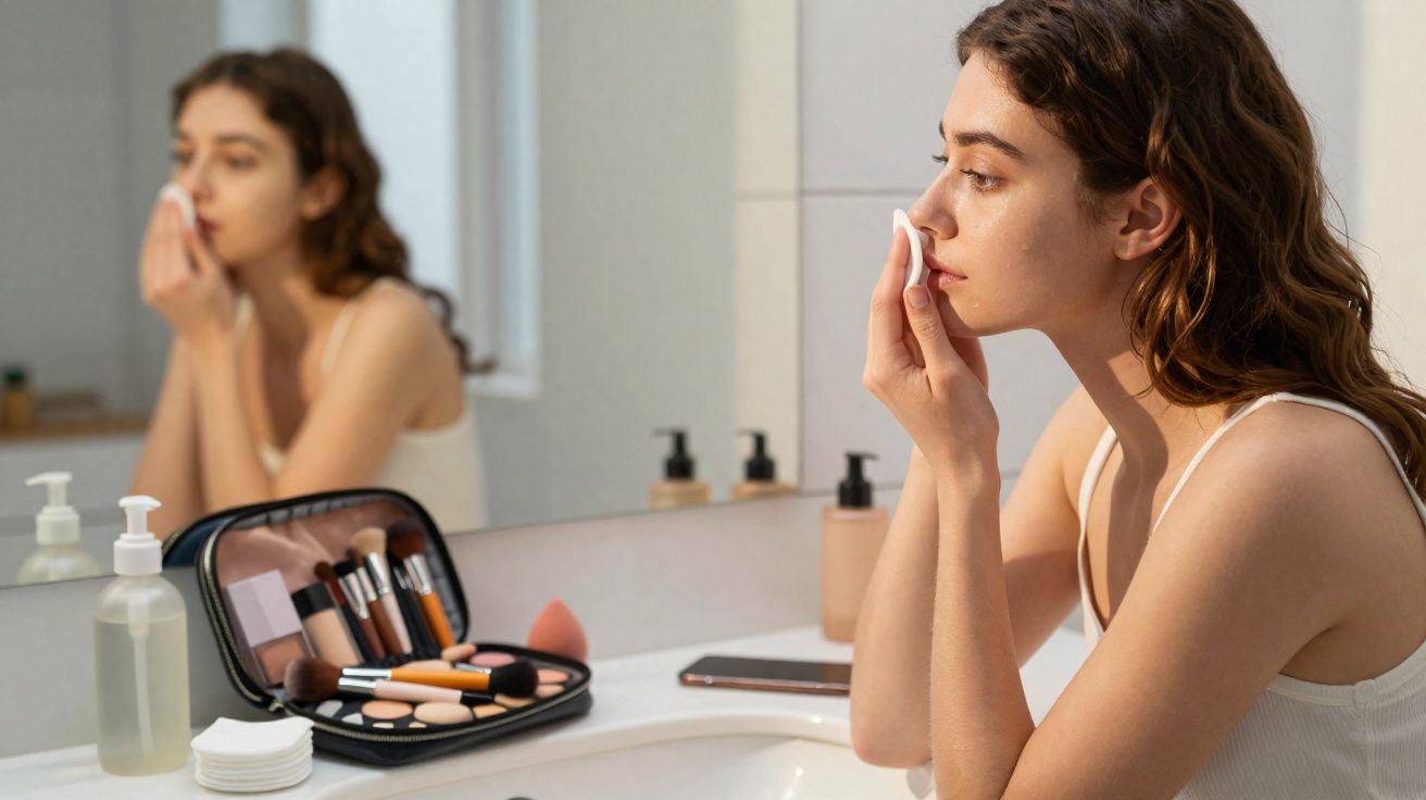 Mulher usando algodão para cuidar da pele no rosto em frente ao espelho no banheiro.
