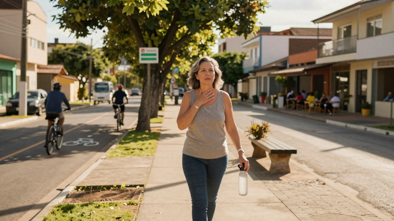 Mulher caminhando na calçada de avenida urbana ensolarada com ciclistas ao fundo.