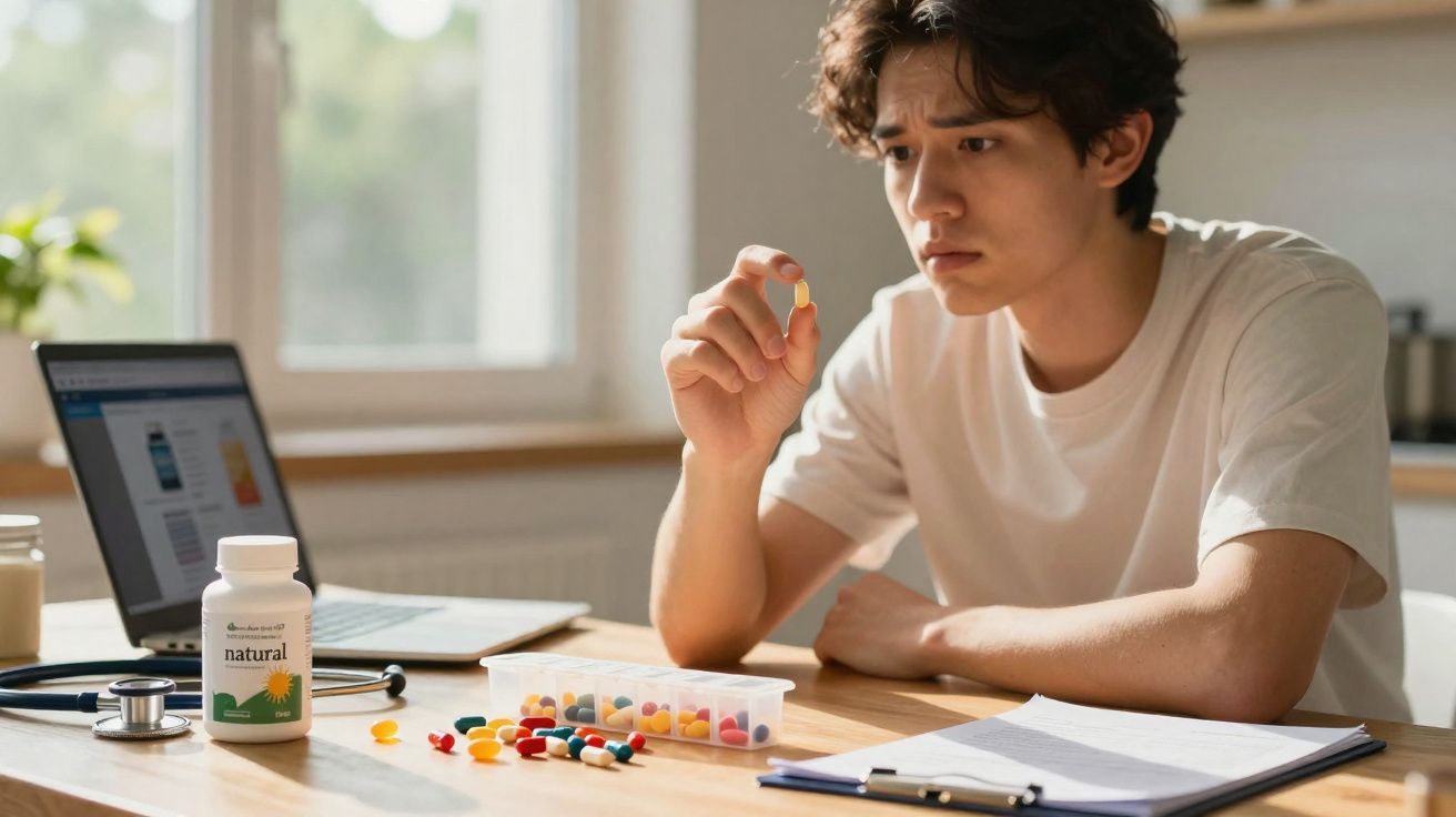 Homem jovem analisando comprimido enquanto está à mesa com laptop, documentos e várias cápsulas coloridas.