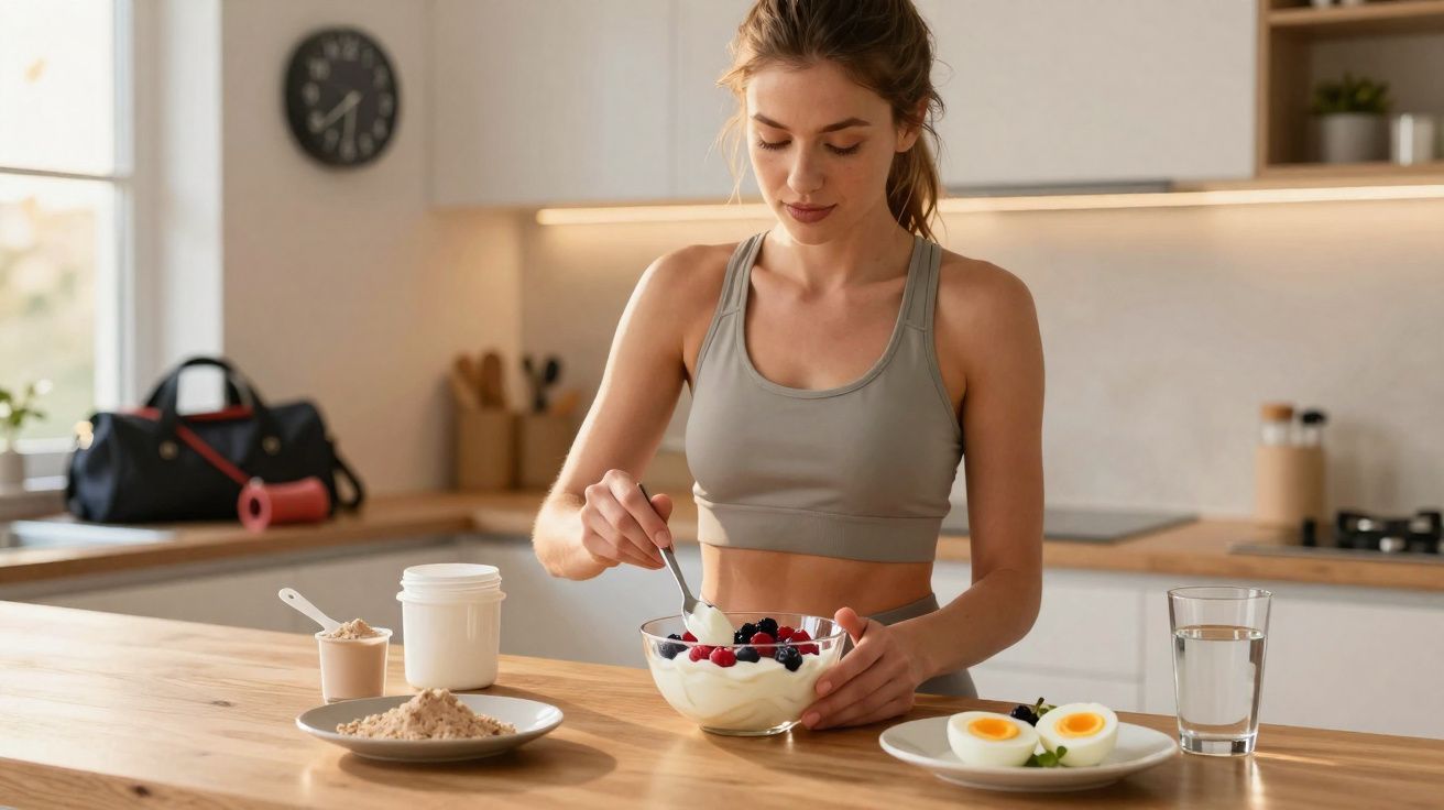 Mulher em roupa esportiva mexendo iogurte com frutas em cozinha moderna e iluminada.
