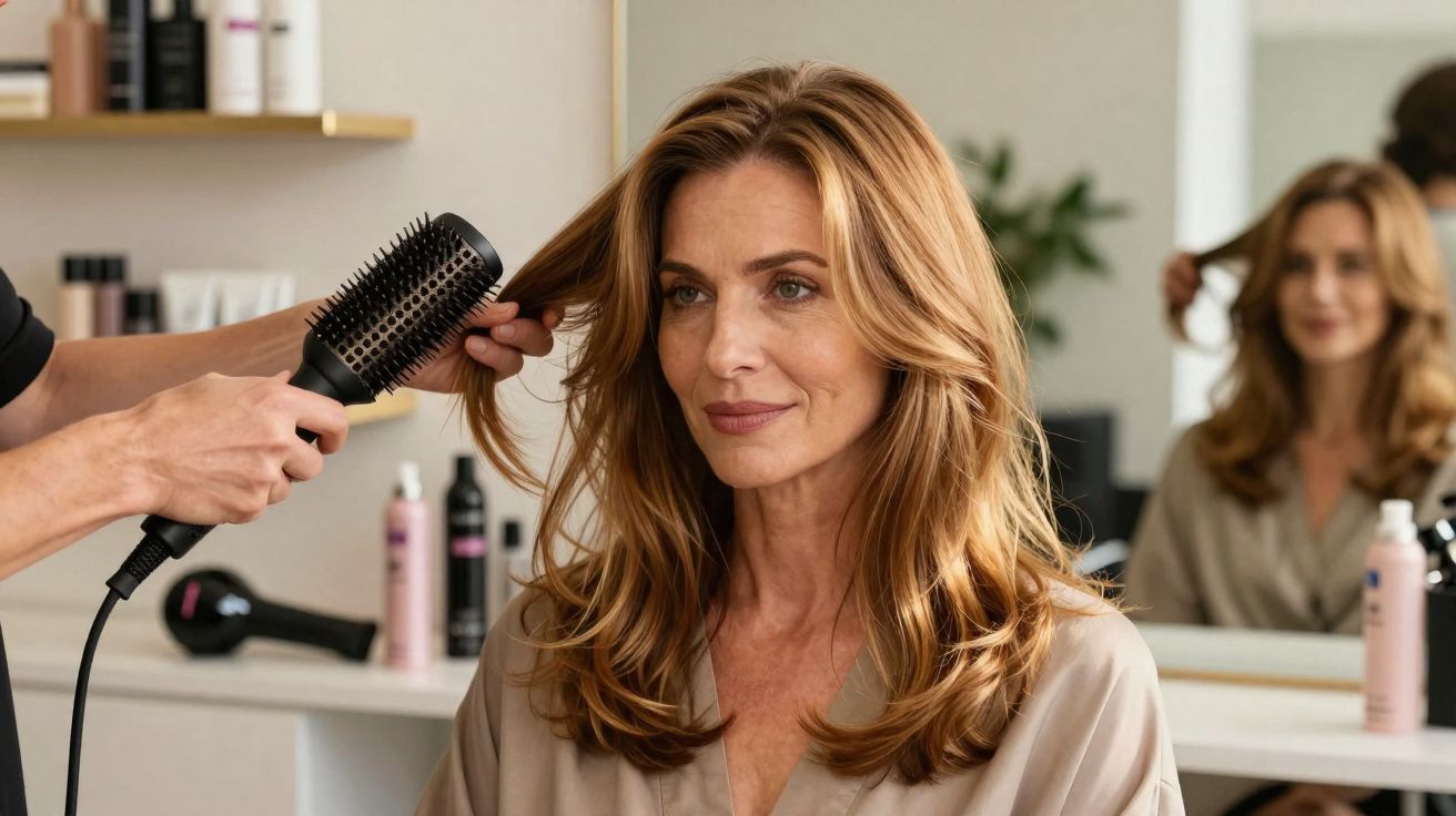 Mulher loira de cabelo comprido sendo penteada em salão de beleza com escova redonda e secador.