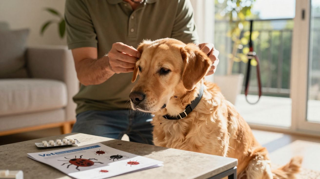Homem examinando um cachorro dourado para pulgas ou carrapatos em uma sala iluminada e confortável.