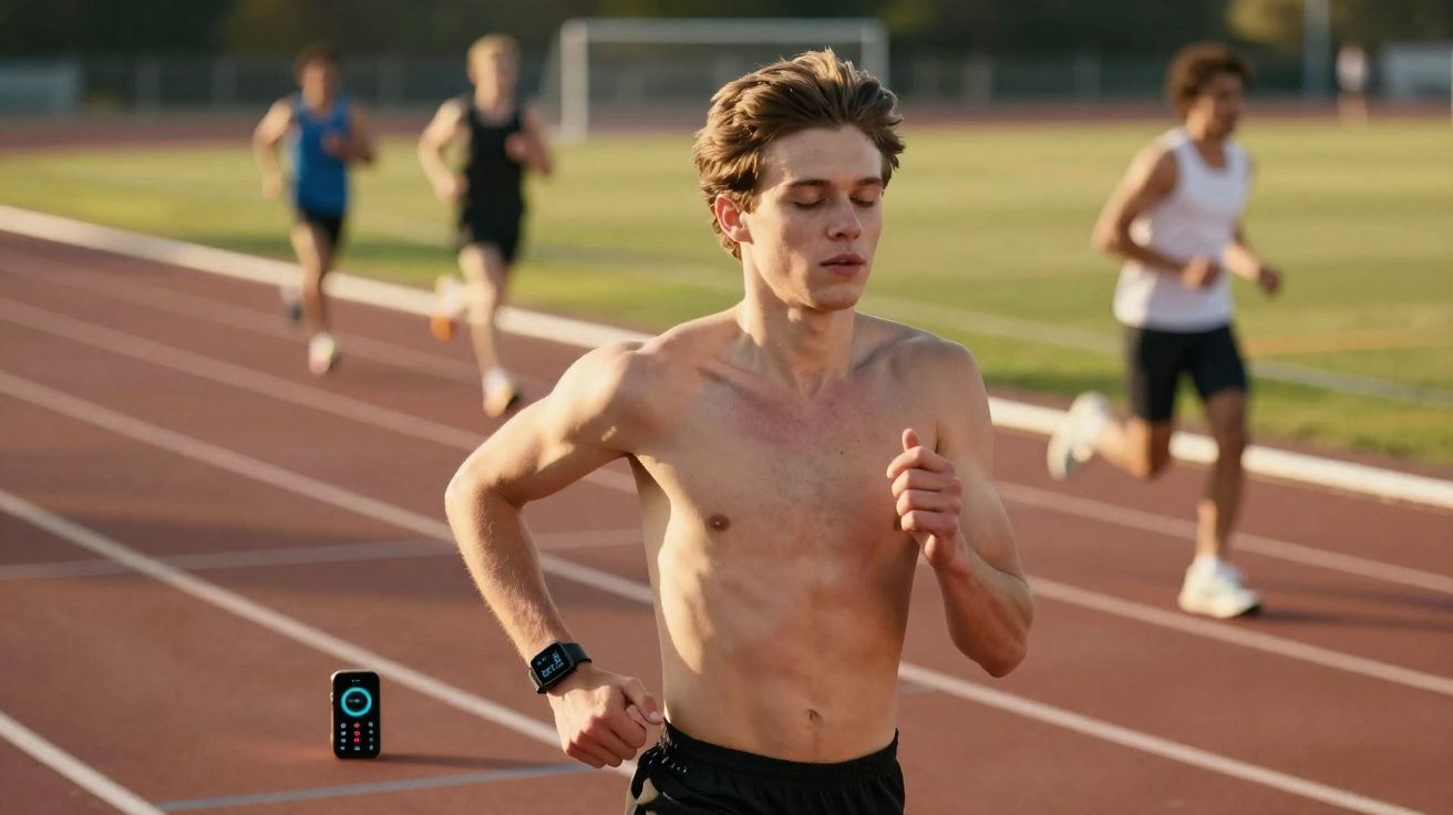 Jovem correndo em pista atlética, sem camisa, com outros corredores ao fundo em treinamento.