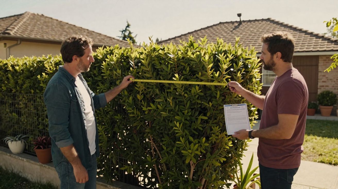 Dois homens medem e anotam as dimensões de um arbusto em um jardim residencial.
