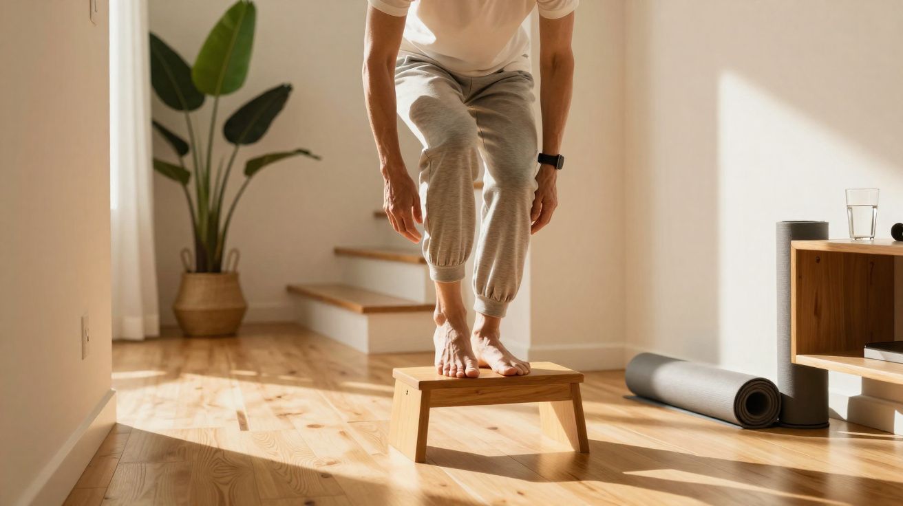 Pessoa praticando exercício de equilíbrio em um banquinho pequeno dentro de uma sala iluminada.