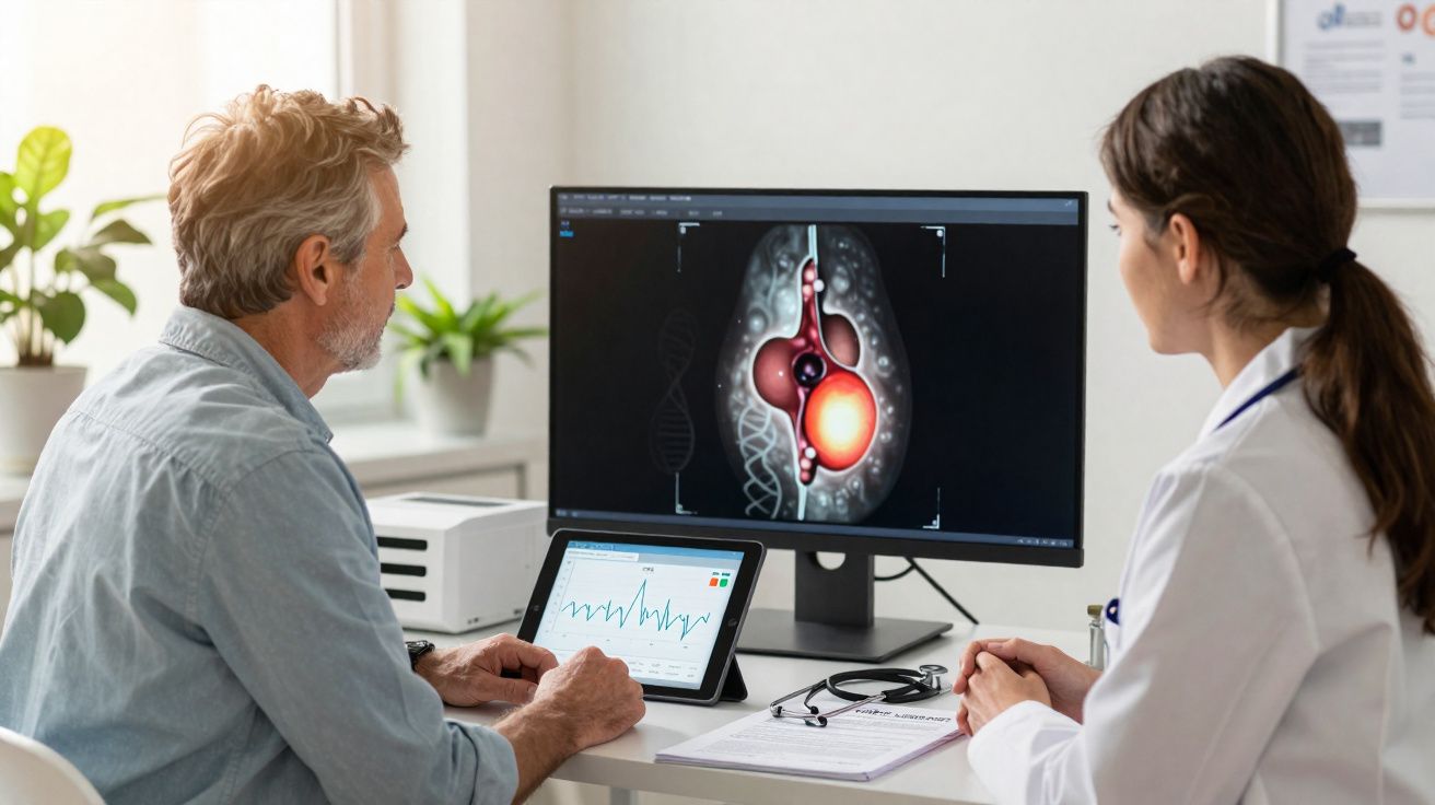 Homem conversa com médica enquanto analisam imagem médica 3D de tumor no monitor do consultório.
