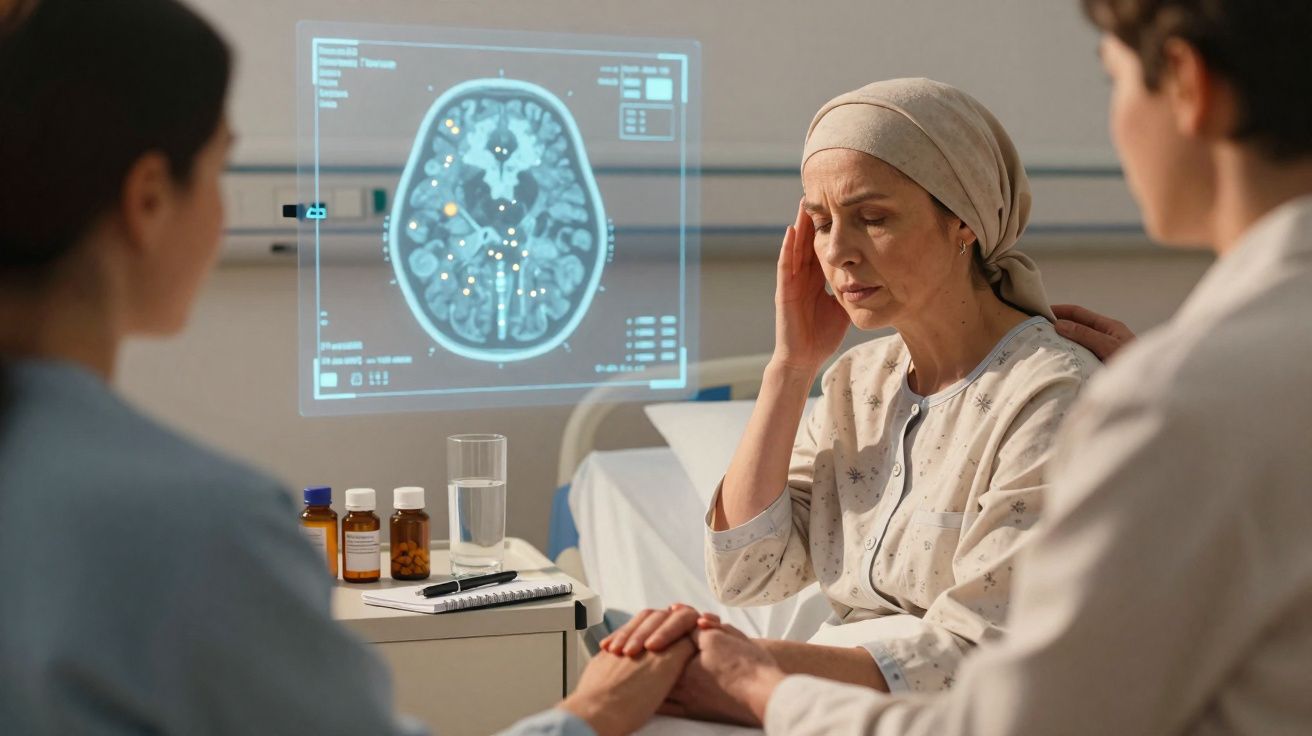 Paciente com câncer de cabeça descoberta segura mão enquanto conversa com médicos em hospital.