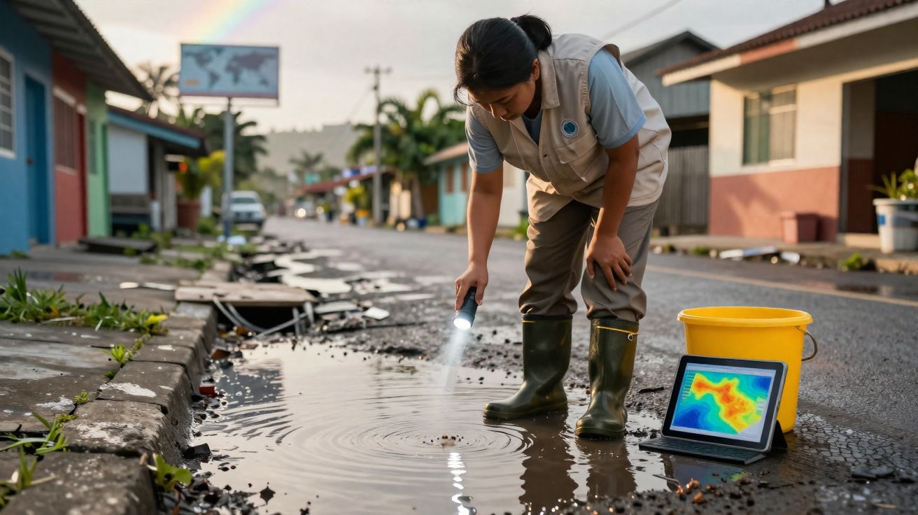 Mulher inspeciona água parada com lanterna em rua alagada, com tablet e balde amarelo ao lado.