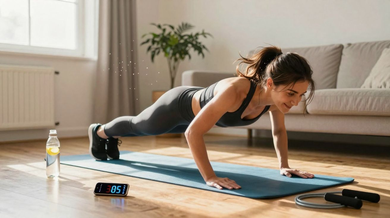 Mulher fazendo flexão em tapete de yoga numa sala iluminada ao lado de garrafa, celular e corda de pular.