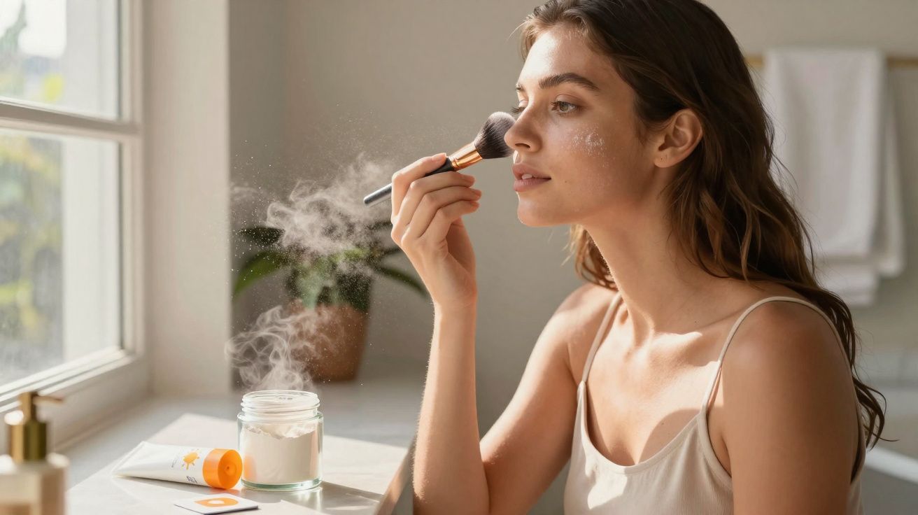 Mulher aplicando pó facial com pincel em ambiente iluminado próximo à janela.