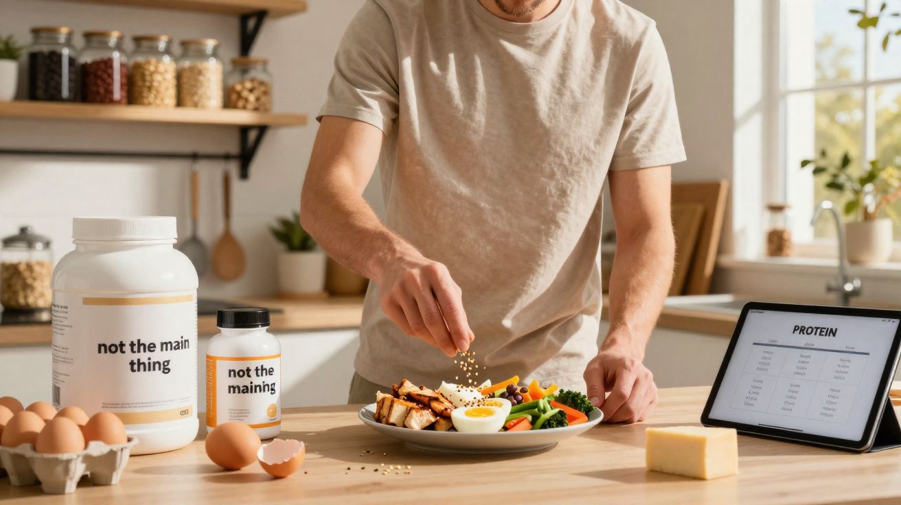 Homem tempera prato com frango, legumes e ovo na cozinha com suplementação e receita na tela.