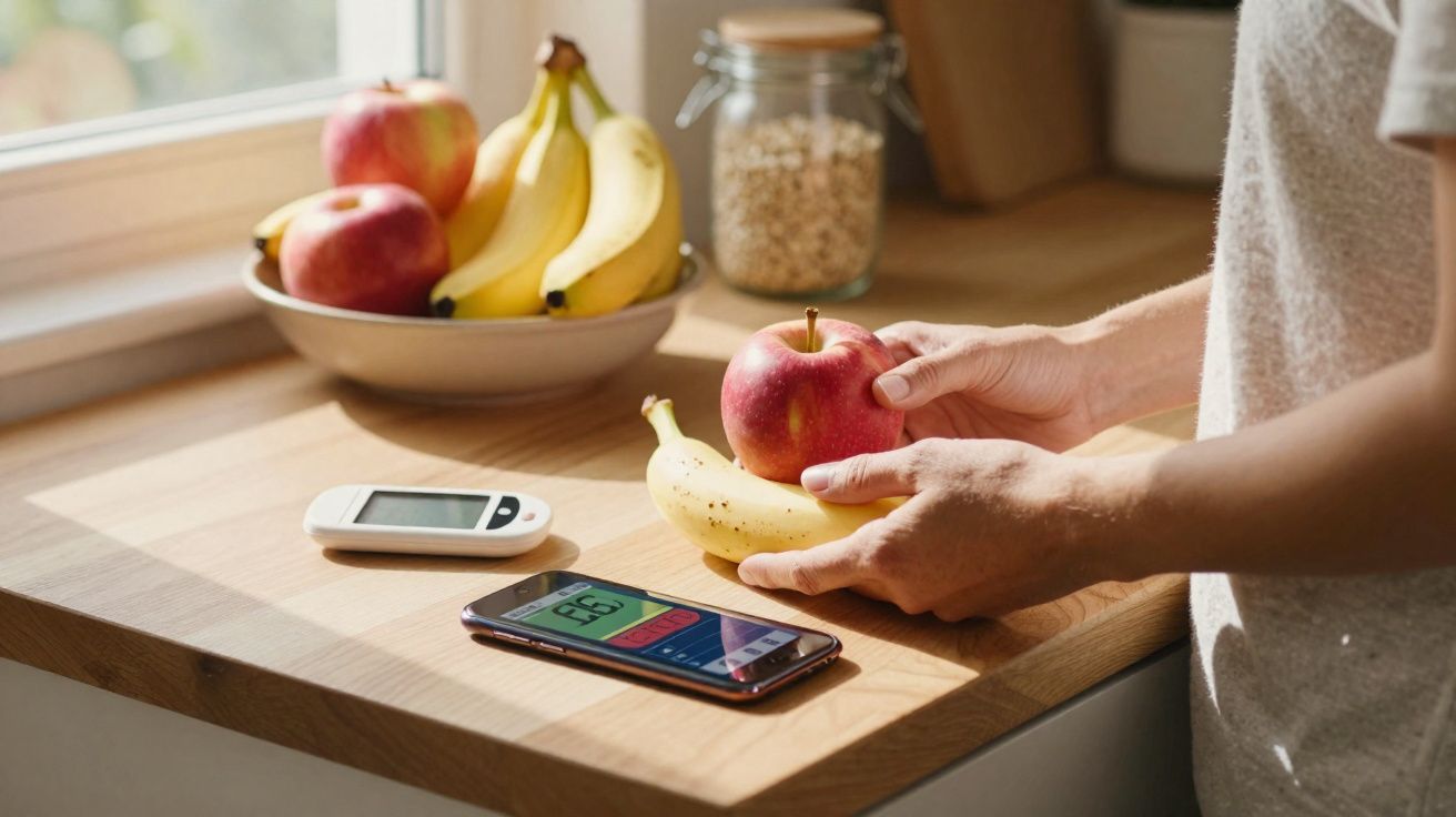 Pessoa segurando maçã e banana na cozinha com frutas, medidor de glicose e celular na bancada.