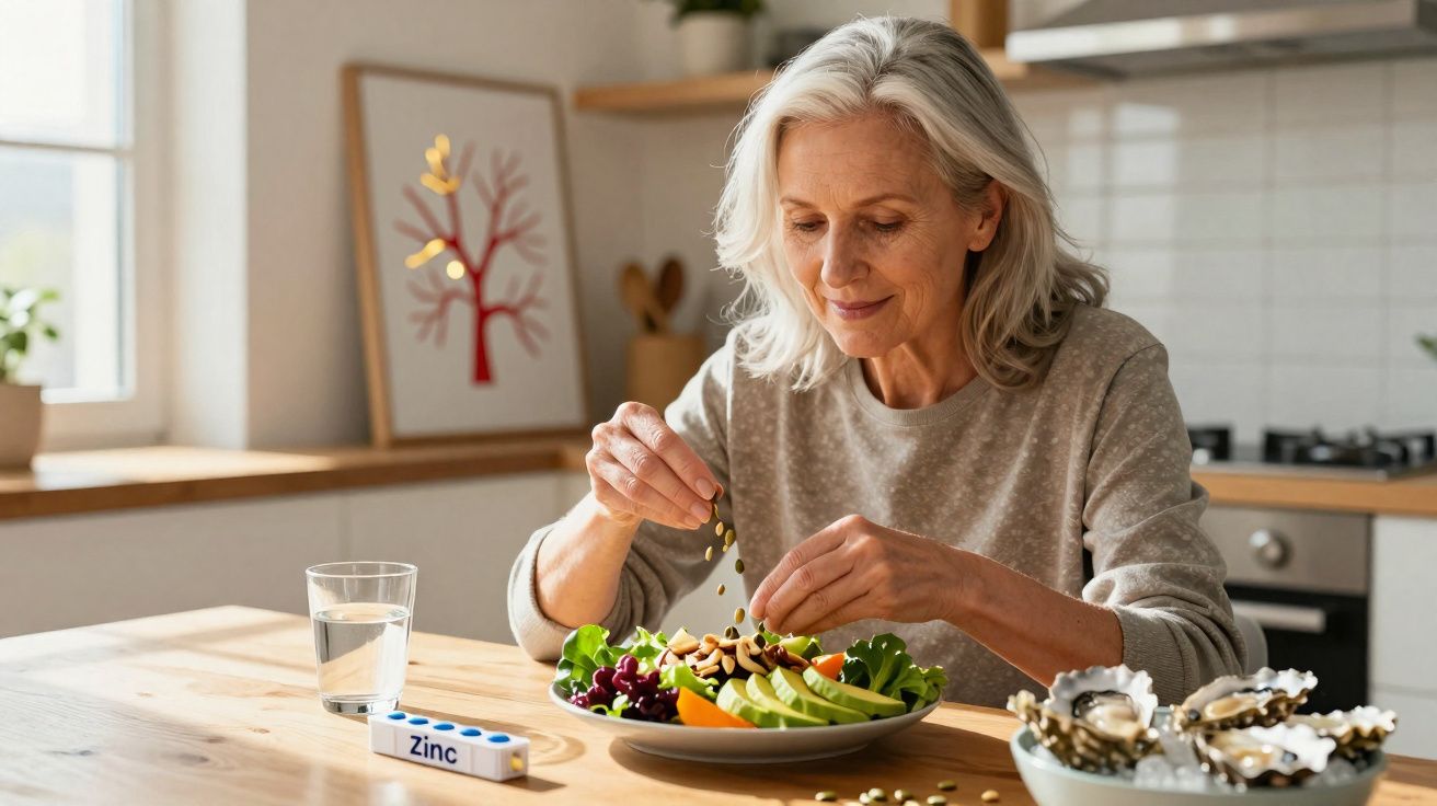 Mulher madura temperando salada com cápsulas ao lado e vidro de água em mesa de cozinha iluminada.