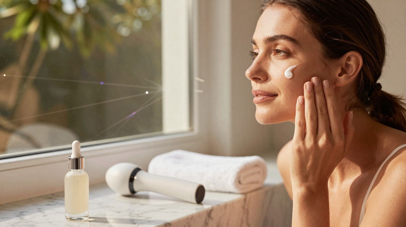 Mulher aplicando creme no rosto junto a frasco de sérum, toalha e massageador perto da janela iluminada.