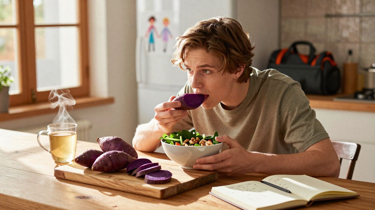 Jovem sentado à mesa comendo batata-doce roxa, salada e chá em ambiente claro e aconchegante.