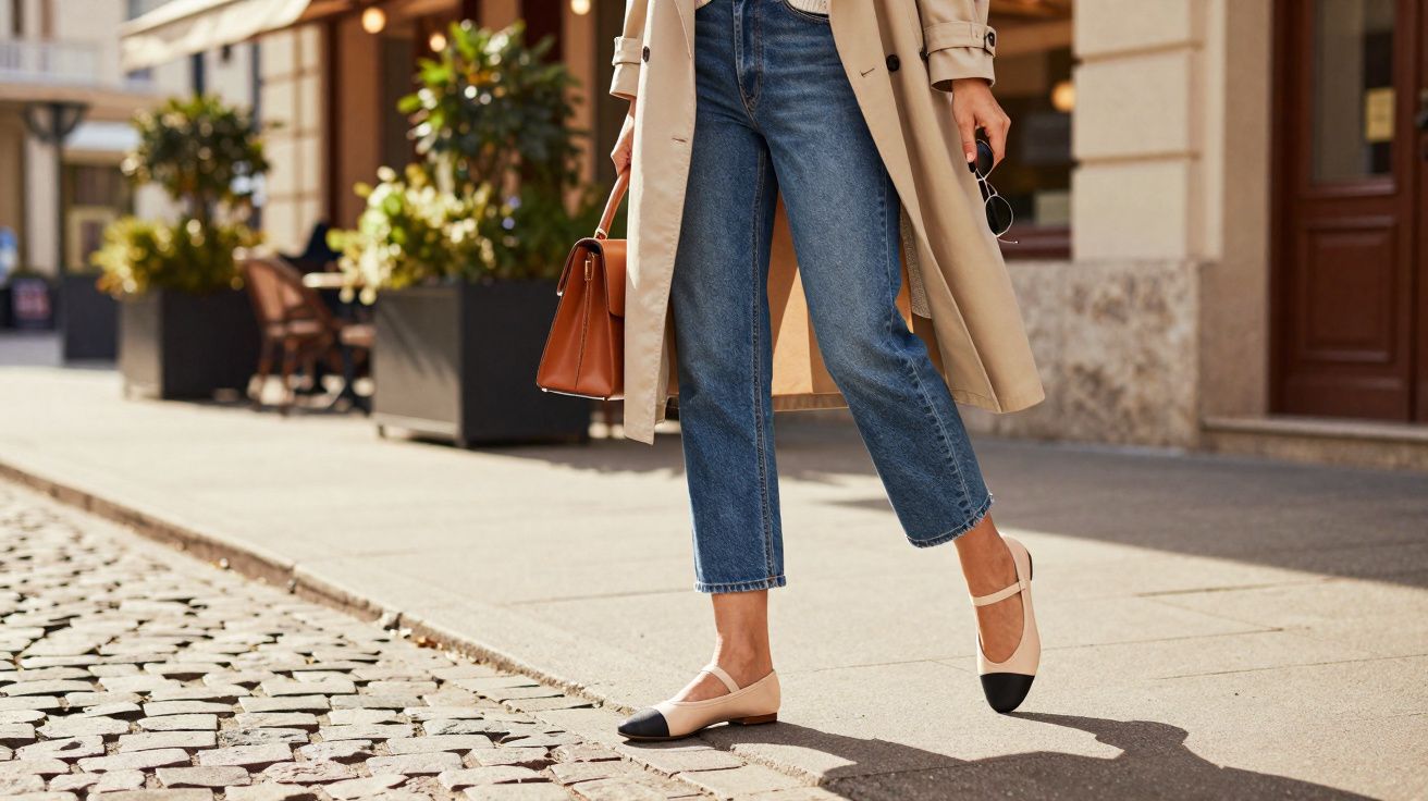 Pessoa usando calça jeans, casaco bege e sapatilha bicolor caminhando em calçada urbana.