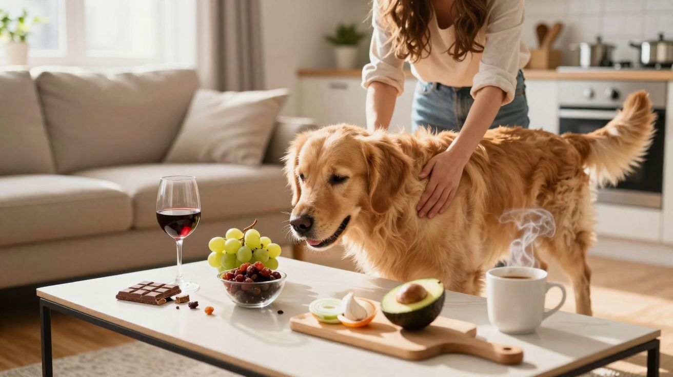 Mulher acariciando cachorro golden retriever perto de mesa com frutas, vinho e café na sala.