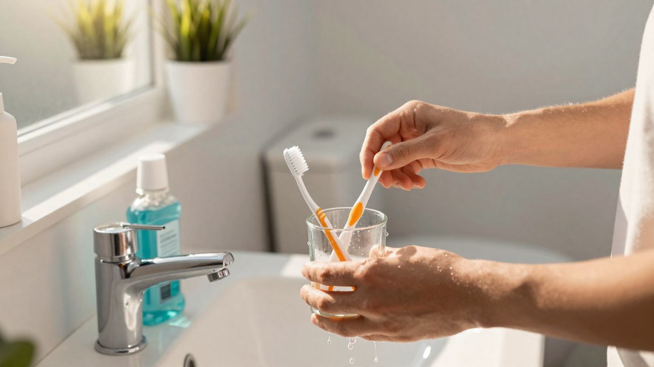 Mãos segurando copo com duas escovas de dente molhadas em pia de banheiro iluminado por luz natural.