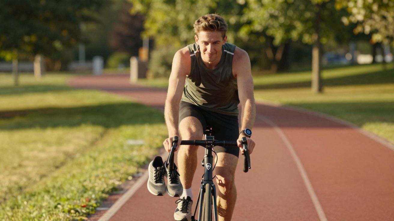Homem pedalando bicicleta na pista com tênis pendurados no guidão em parque ensolarado.