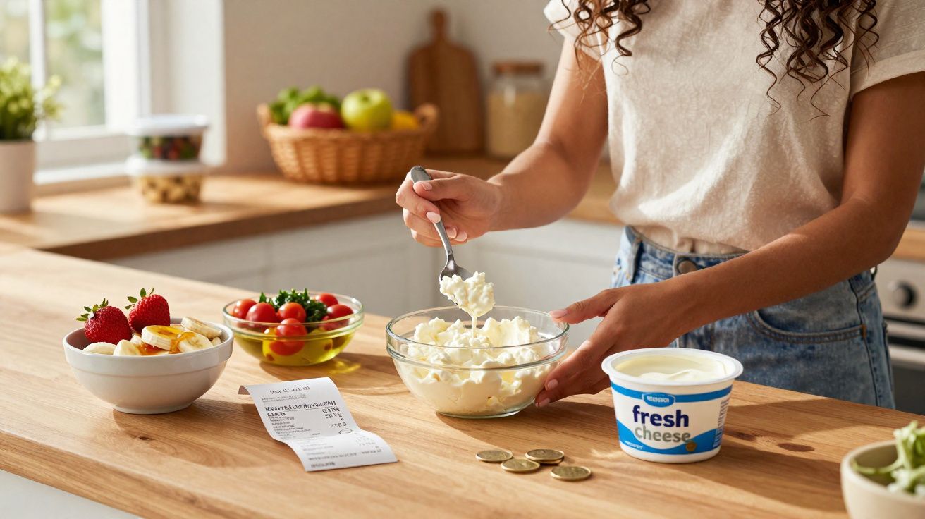 Pessoa misturando cream cheese em pote de vidro na cozinha, com frutas e nota fiscal sobre a mesa.