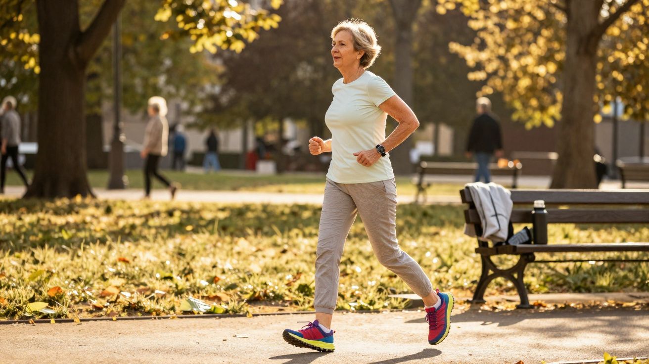 Mulher madura caminhando em parque ensolarado com árvores e bancos ao fundo.