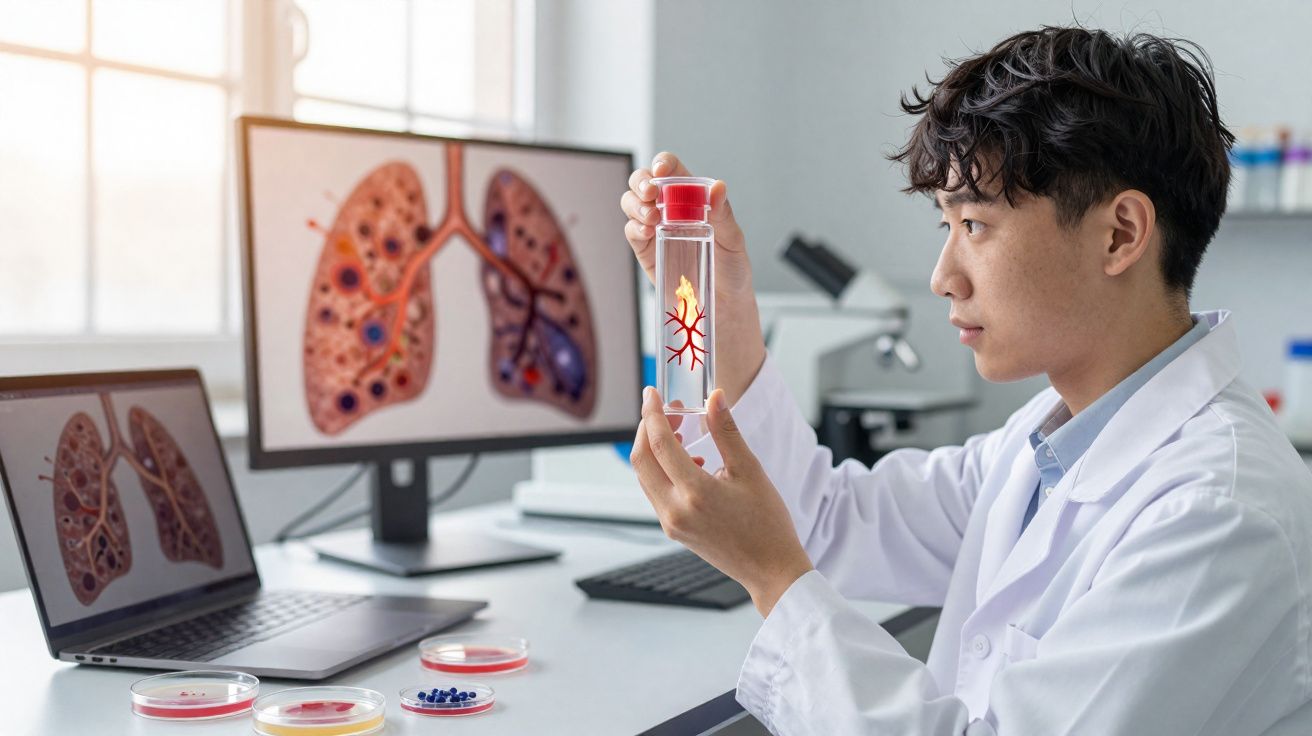 Cientista em laboratório segurando frasco com modelo de pulmão, com imagens de pulmão em telas ao fundo.