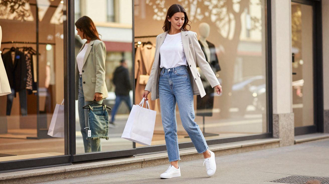 Mulher jovem andando com sacola de compras em frente a vitrine de loja de roupas.