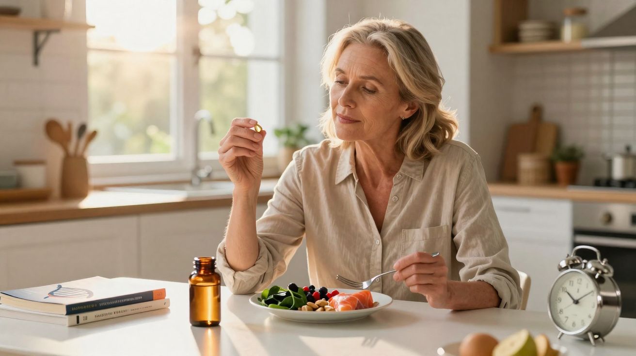 Mulher sentada à mesa com prato de comida saudável tomando suplemento em cozinha iluminada.