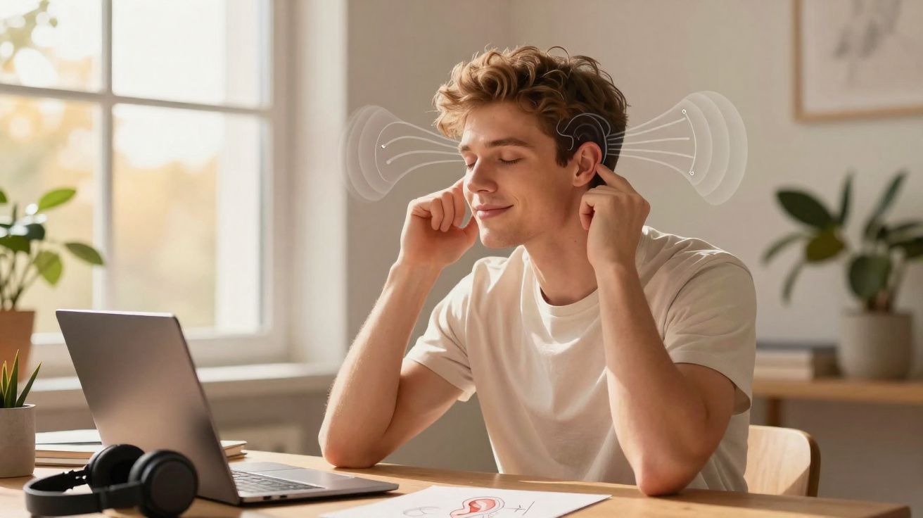 Jovem sentado em mesa com laptop, tocando as orelhas com expressão relaxada em ambiente claro.