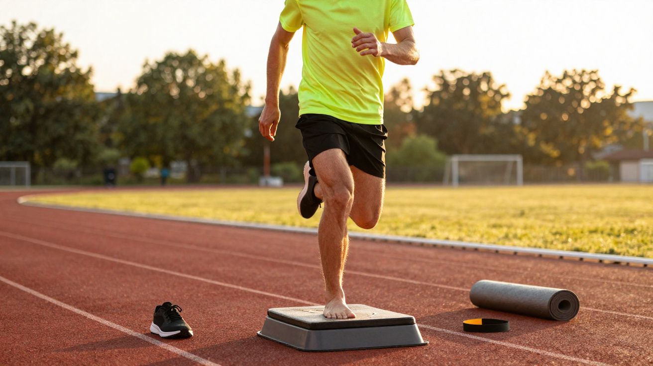 Pessoa descalça correndo em pista com tênis, tapete e rolo de exercício ao lado, ao pôr do sol.