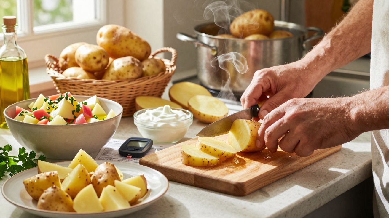 Pessoa cortando batatas cozidas na tábua de madeira em cozinha iluminada, com salada e creme ao fundo.