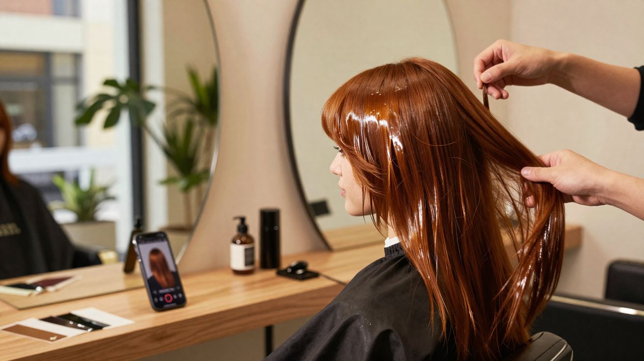 Mulher sentada em salão de beleza com tratamento capilar aplicado enquanto profissional penteia cabelo.
