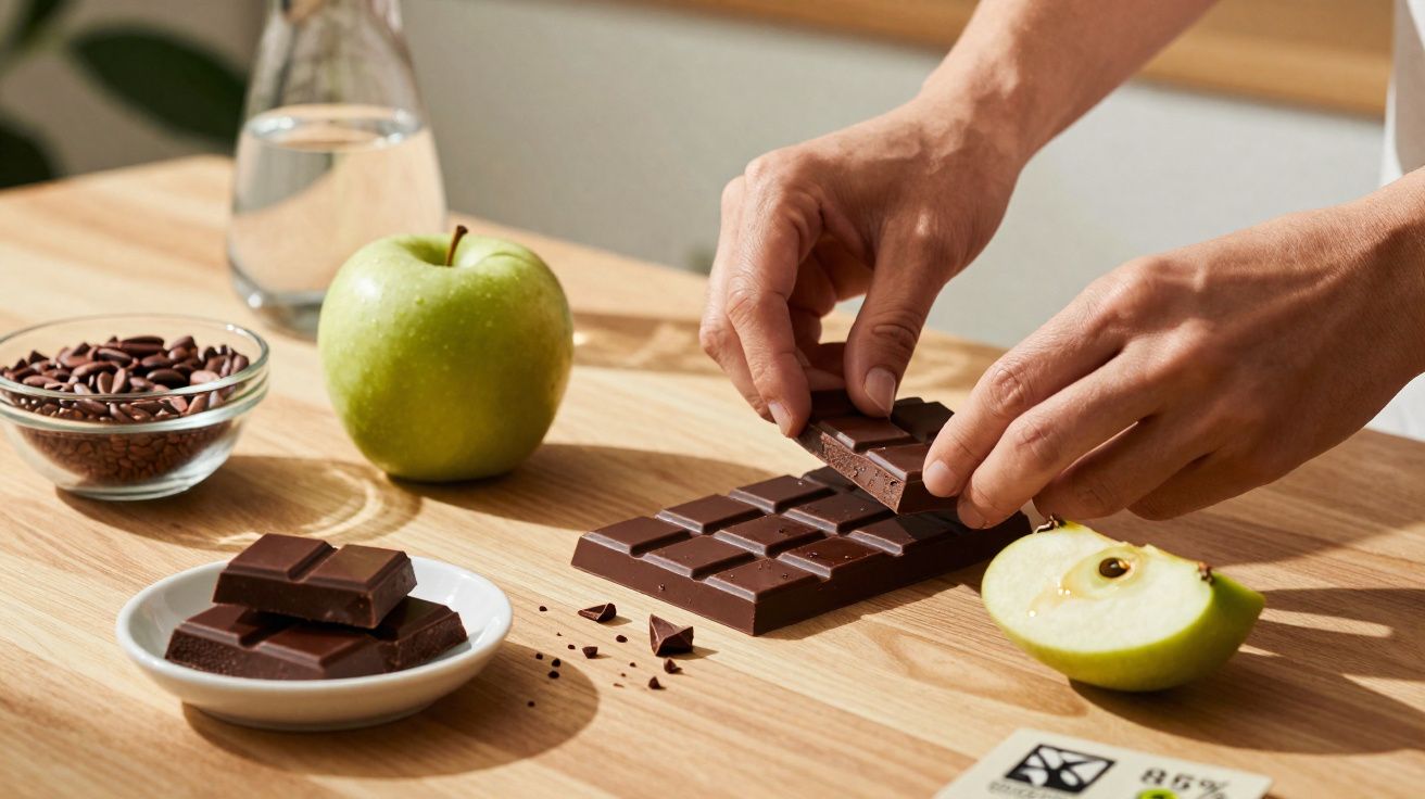Mãos quebrando barra de chocolate ao lado de maçã verde inteira e cortada sobre mesa de madeira.