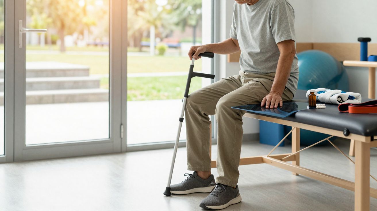 Homem sentado em clínica de fisioterapia com bengala, pronto para iniciar exercícios de reabilitação.