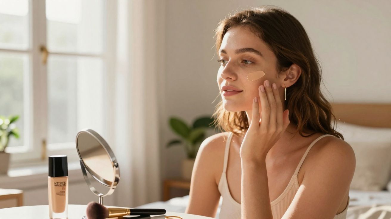 Jovem aplicando base no rosto sentada em quarto iluminado, com espelho e pincéis sobre a mesa branca.
