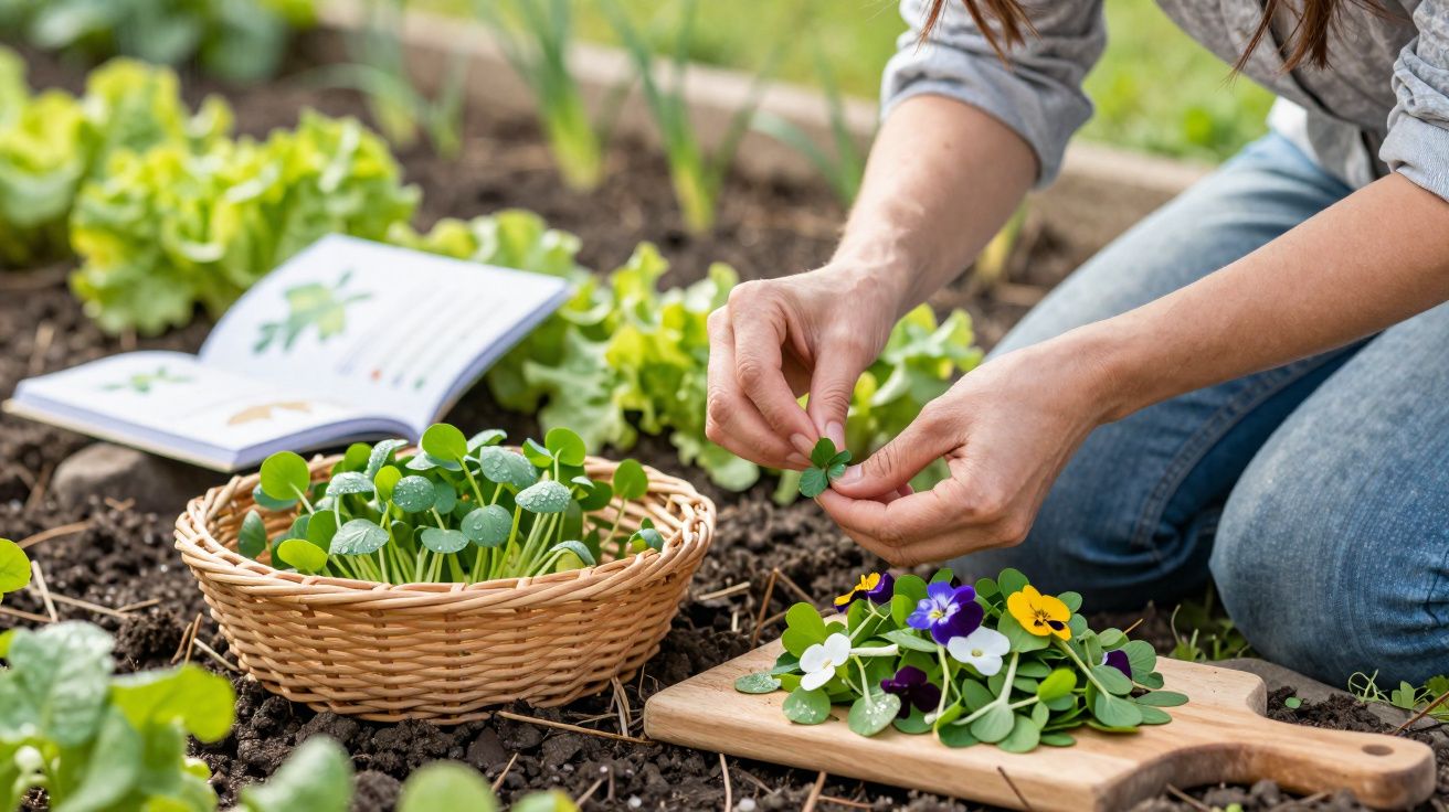 Pessoa colhendo folhas verdes e flores em um jardim com cesta, tábua de madeira e livro aberto.