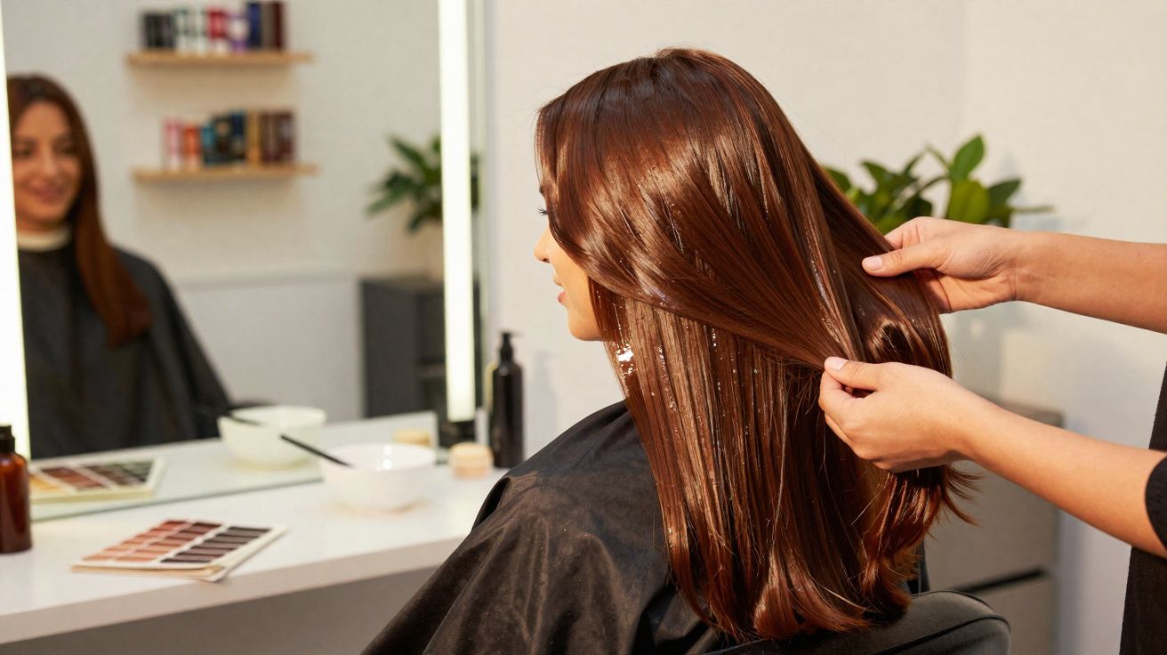 Mulher com cabelo longo e liso recebendo tratamento capilar em salão de beleza.
