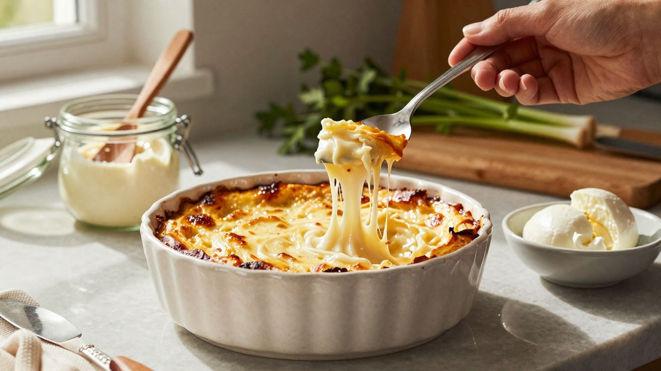 Mão pegando porção de gratinado cremoso e puxando queijo derretido de travessa branca na mesa de cozinha.
