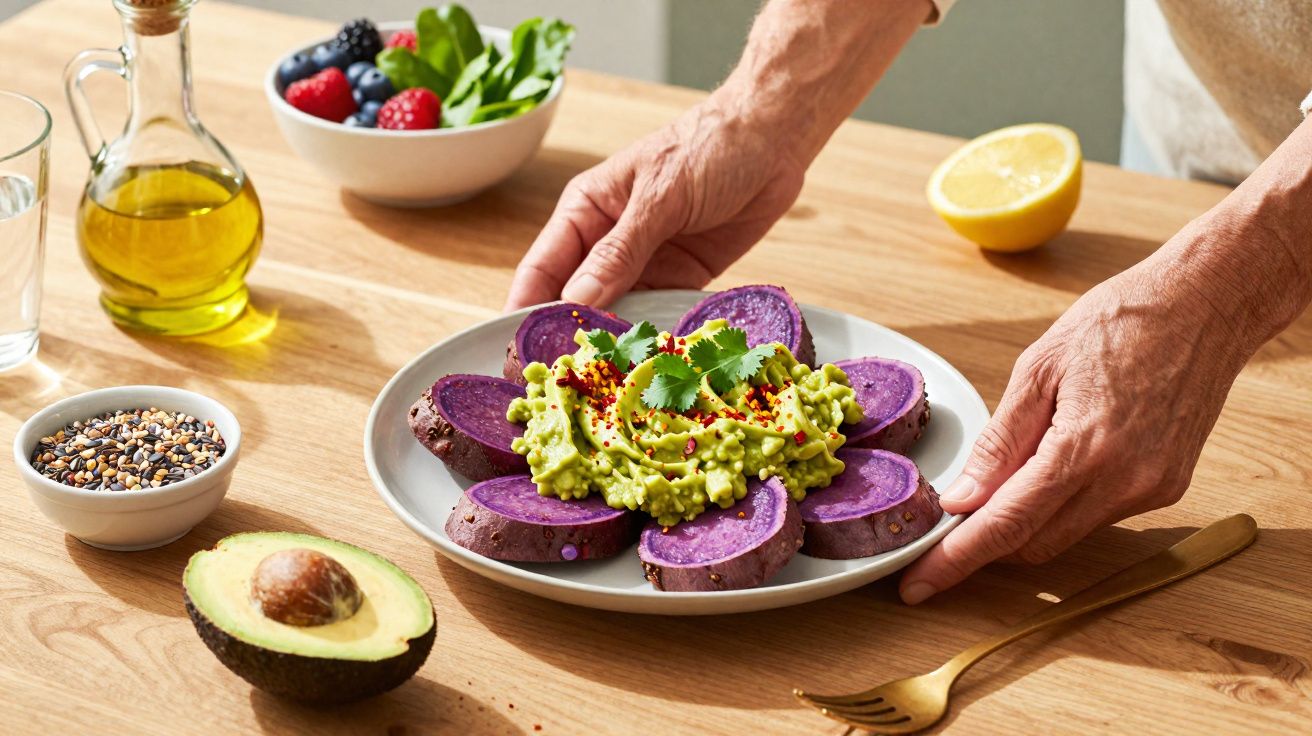 Mãos seguram prato com batata-doce roxa fatiada e guacamole temperado com coentro e pimenta.