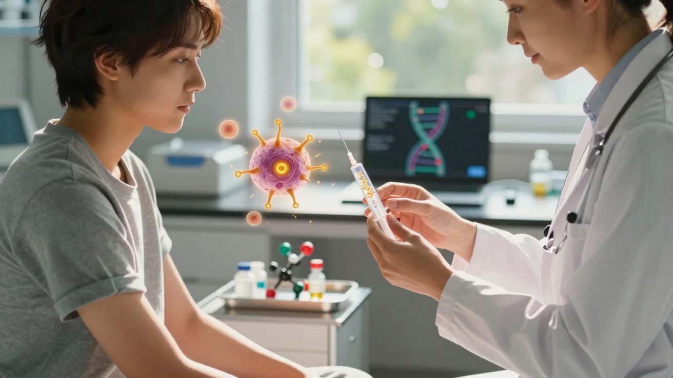 Paciente sendo imunizado por médica com vacina, ilustração de vírus e tela mostrando DNA ao fundo.