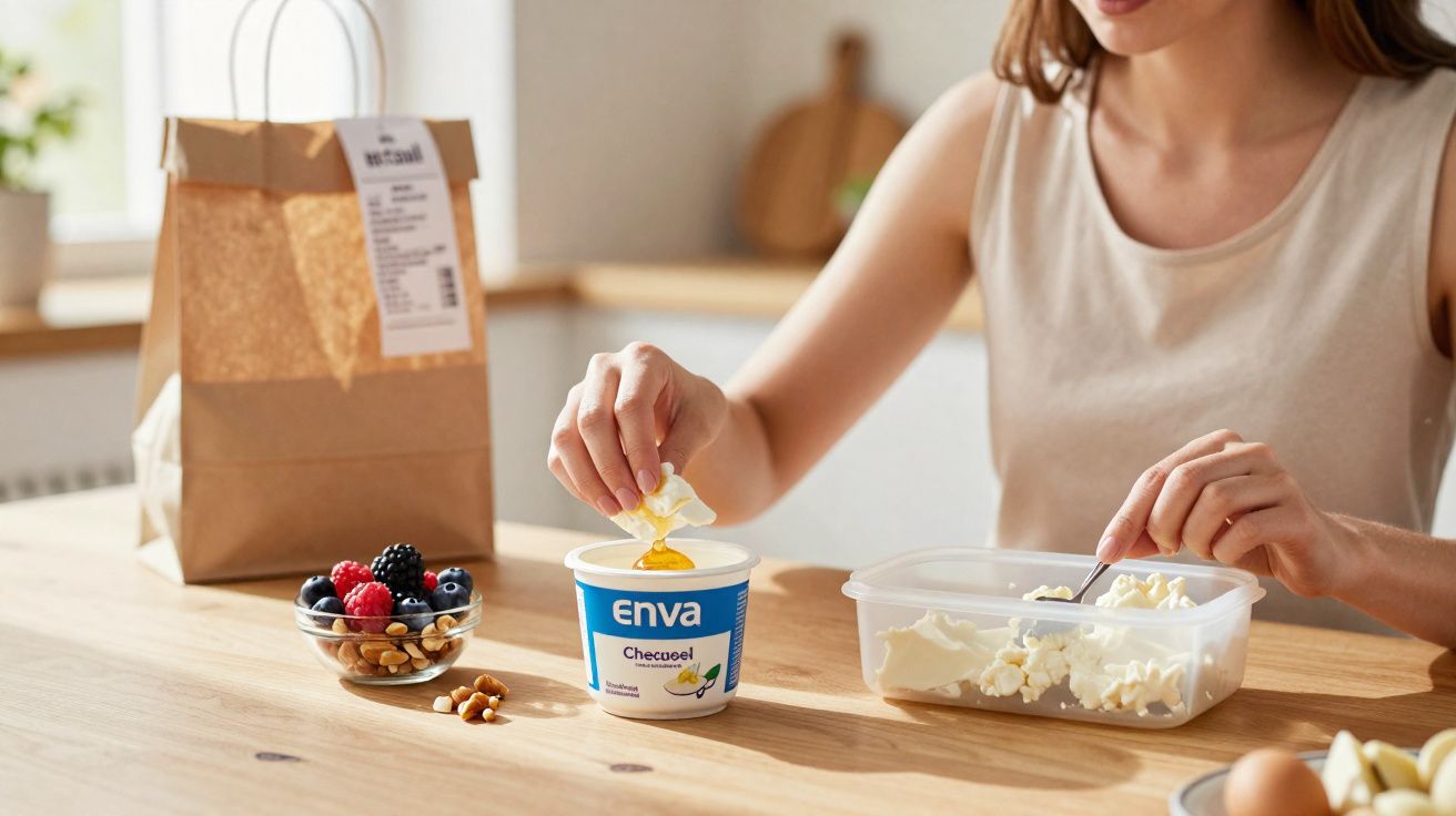 Mulher colocando mel no iogurte Enva no café da manhã com frutas e nozes sobre a mesa.