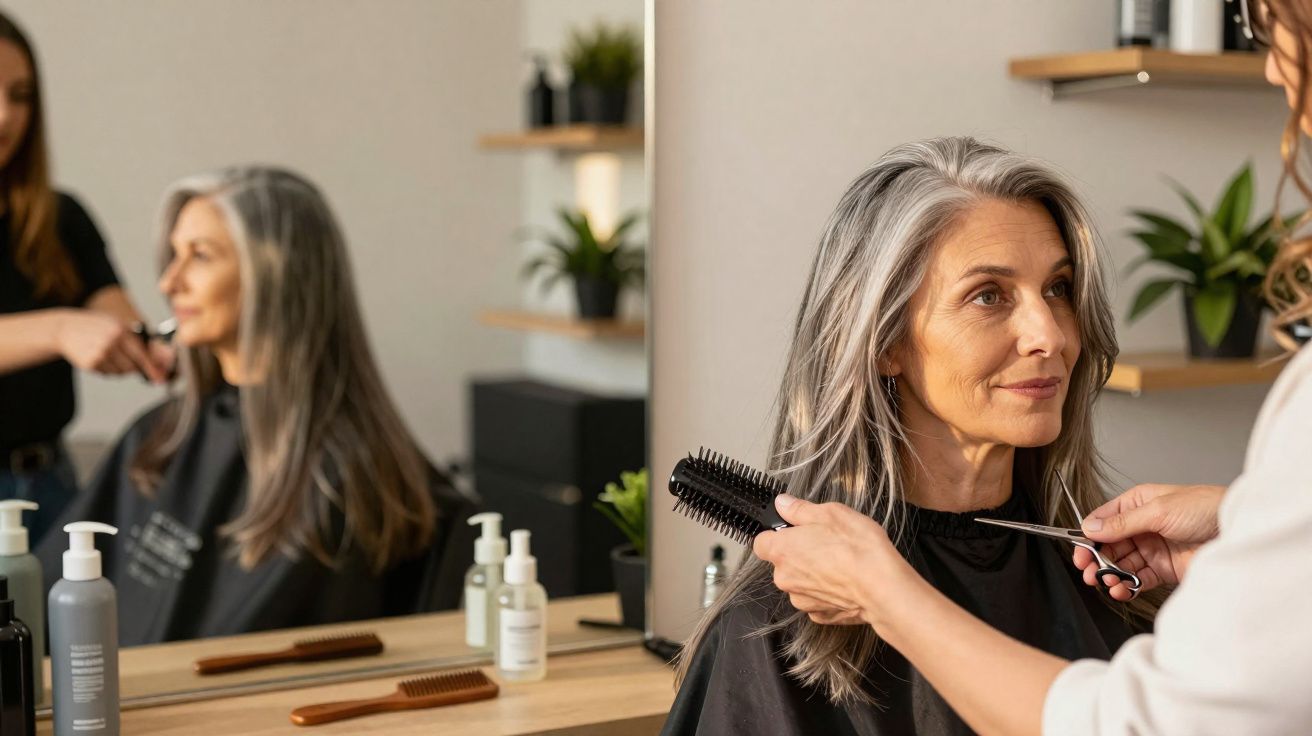 Mulher com cabelos grisalhos sendo cortada por cabeleireira em salão moderno e iluminado.