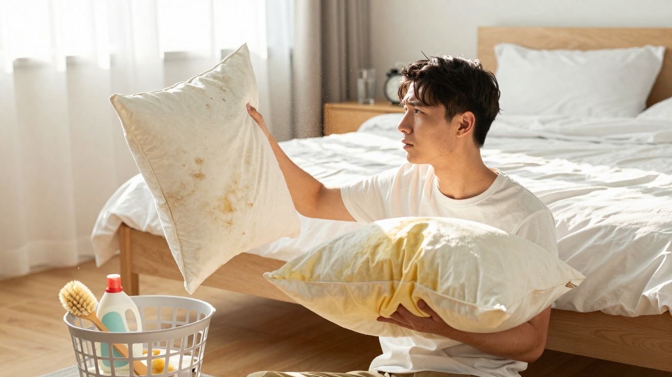 Homem sentado no chão segurando travesseiros manchados de amarelo e branco em quarto iluminado.