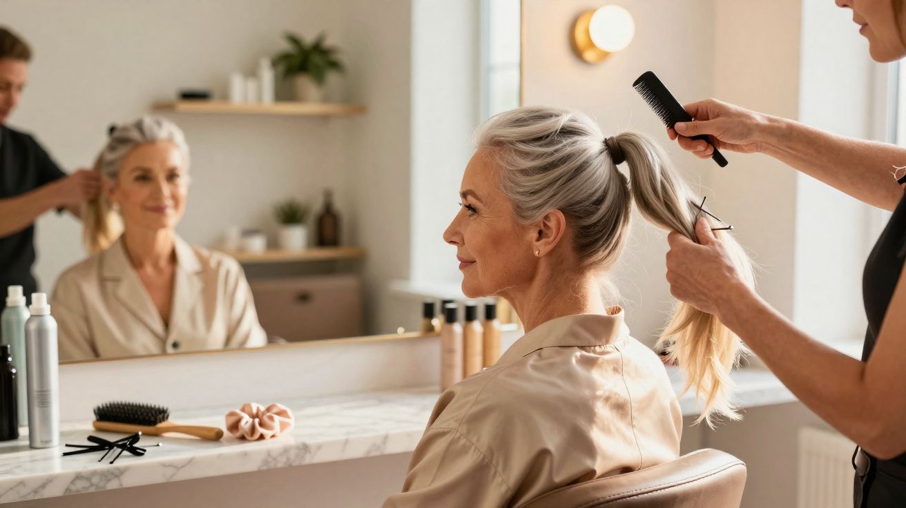 Mulher madura com cabelo grisalho sendo penteada por cabeleireiro em salão de beleza moderno.